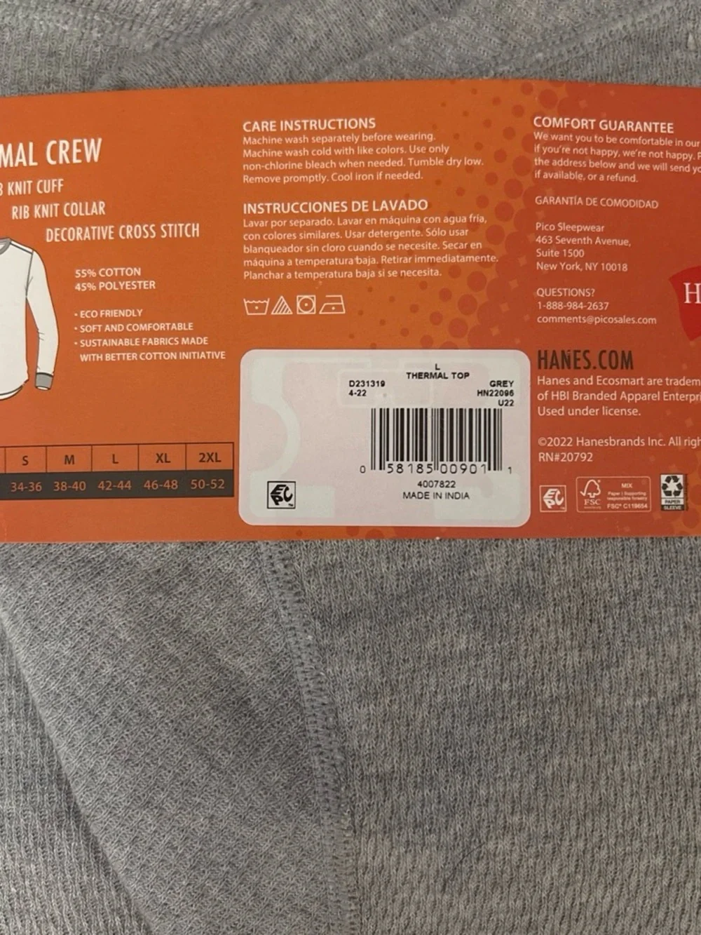 Hanes Light Gray Reversible Thermal Crew Shirt